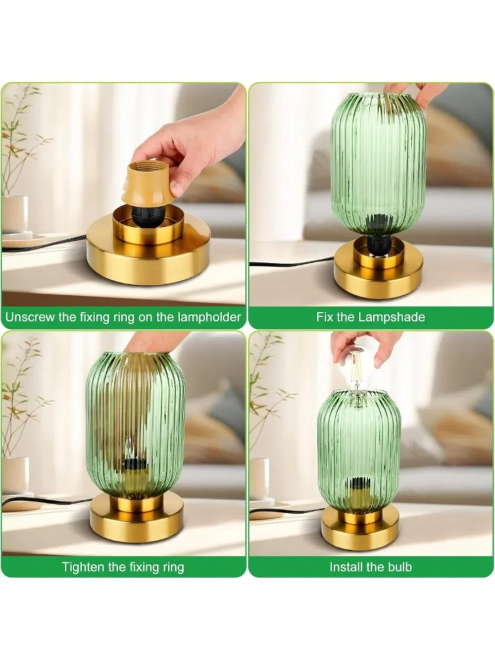 Mid Century Modern Gold Table Lamp - Ribbed Green Glass Shade, Vintage Home